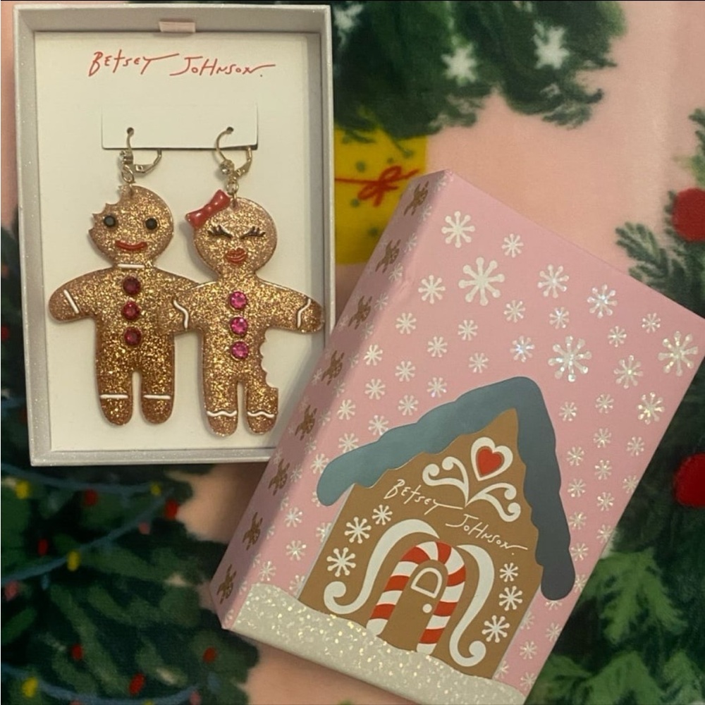 Betsey Johnson Mr & Mrs Gingerbread Man Sparkly Acrylic Earrings